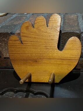 Vintage Handmade “glove” Wooden Wall Hook Rack in Warm Amber Finish